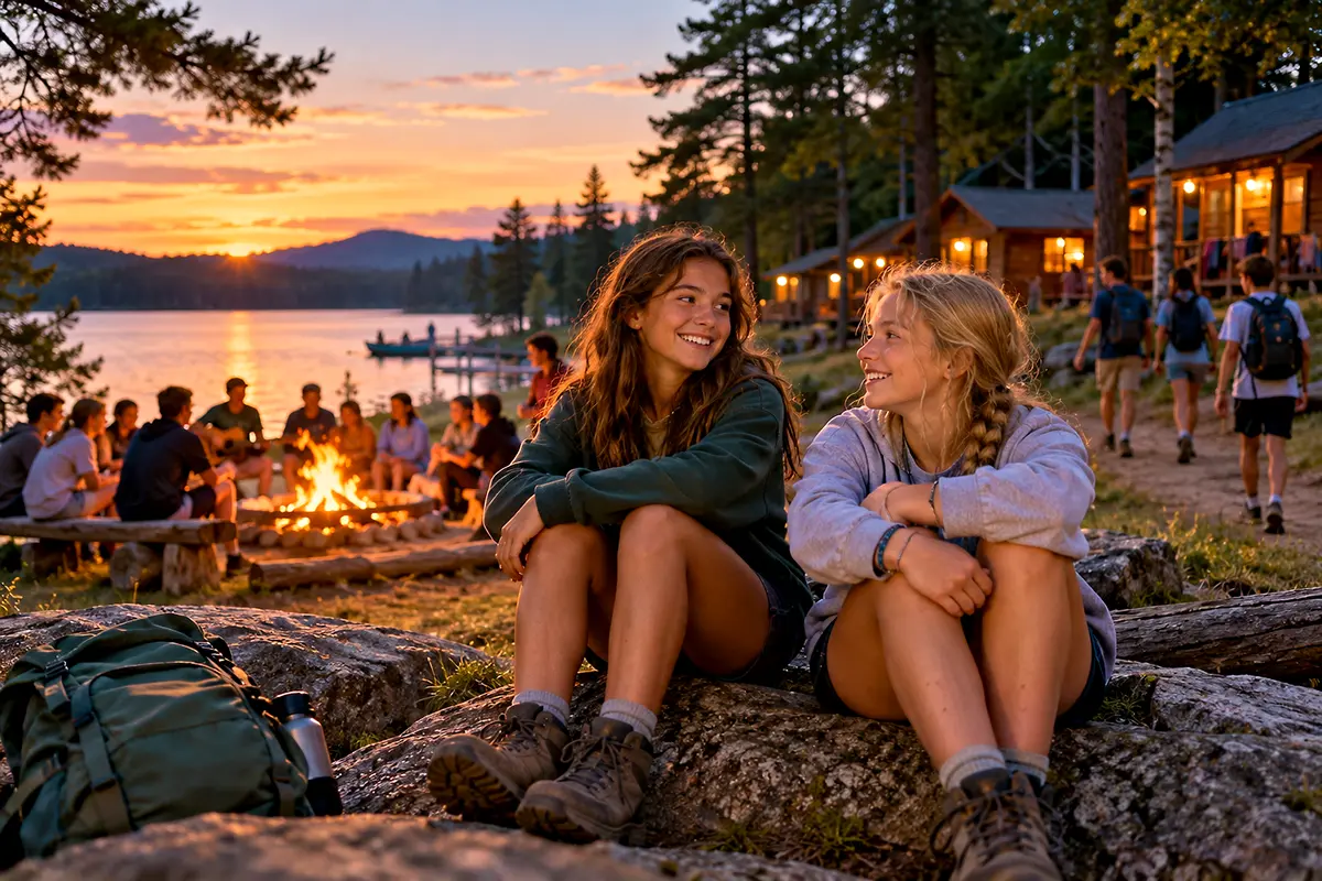 Kids and teens enjoying friendships and cabin life at a traditional overnight summer camp