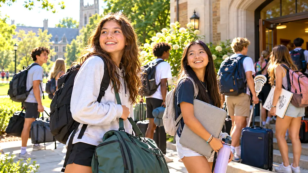 Teens arriving with luggage for an overnight summer camp program on a college campus