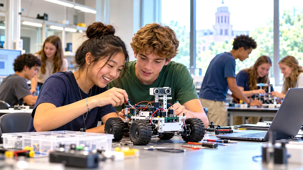 Teens working together on a robotics project in a modern college-campus summer camp laboratory