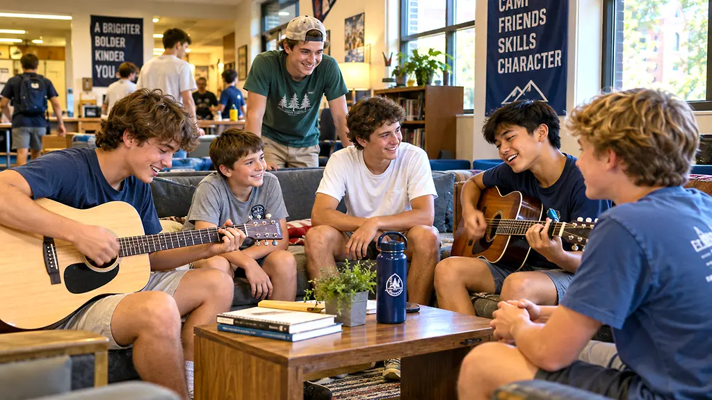 Teen boys sharing music and creative activities during an overnight summer camp program